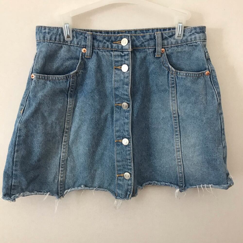 IJOAH Denim Button Front Cut Off Mini Skirt